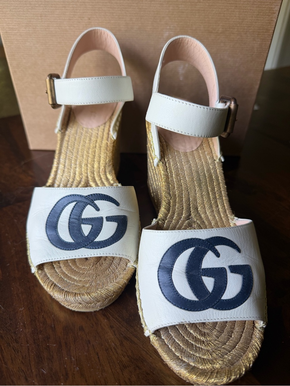 Gucci White Leather Double G Espadrille Wedge Sandals